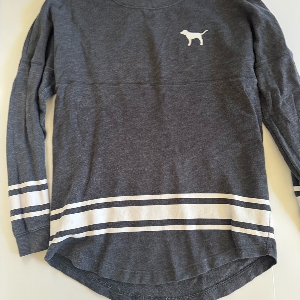 Victoria's Secret Charcoal Gray light weight Sweatshirt with White Stripes s - Picture 3 of 7